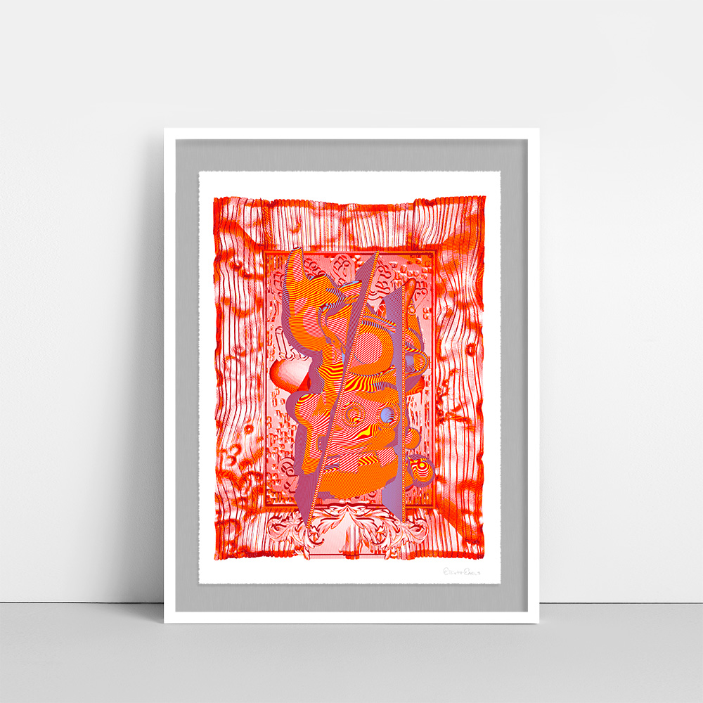Framed “Protocubist Portrait 1” By Elliott Earls 22 x 30″ 3 Spot Color – Edition of 10 Printed on Rives BFK 250gsm. Heavy Weight 100% Cotton Paper with a Deckle Edge Signed & numbered by the Artist Released November 20, 2017.